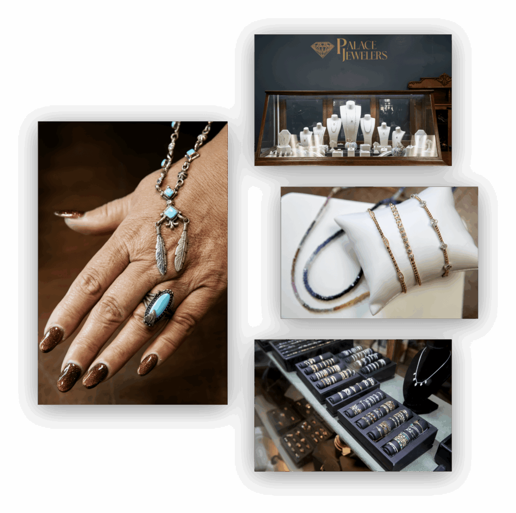 Collage of various jewelry pieces from Palace Jewelers, including necklaces, rings, and bracelets.